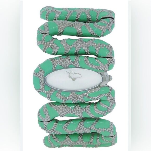 NEW Roberto Cavalli Mint Green Cleopatra Snake Enamel Silver Oval Dial Watch